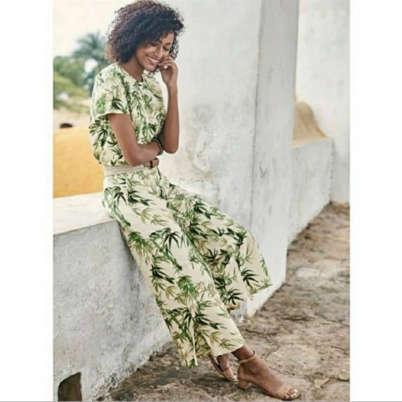 J. Jill Pants - J. Jill Linen Blend Wide Leg Culottes Tropical Palm Leaf Resort Wear Pant